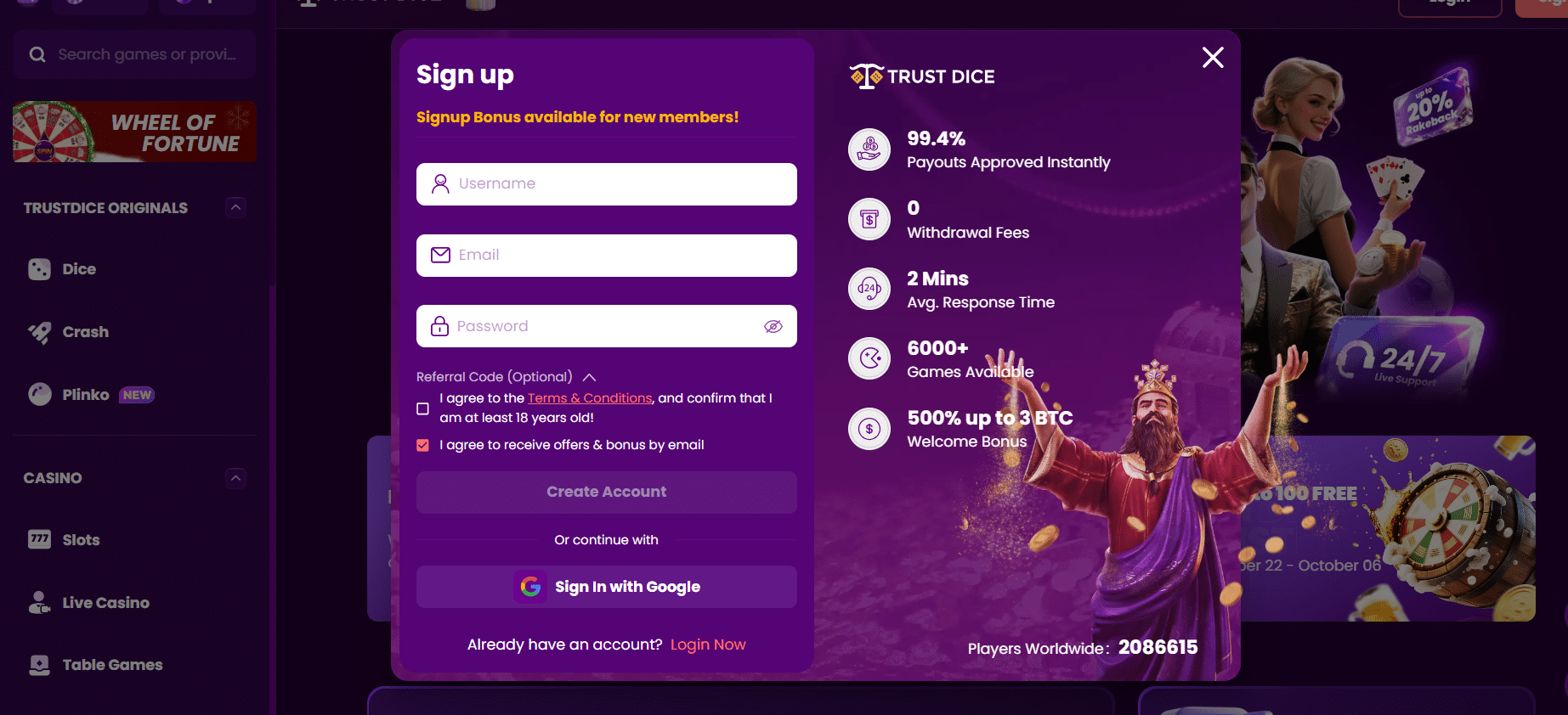 The TrustDice sign-up form for account-creation.
