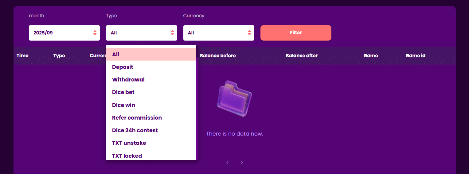 The TrustDice transaction page inside the site profile settings.