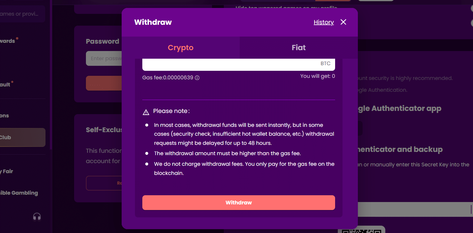 TrustDice withdrawal tab in the site's payment window.