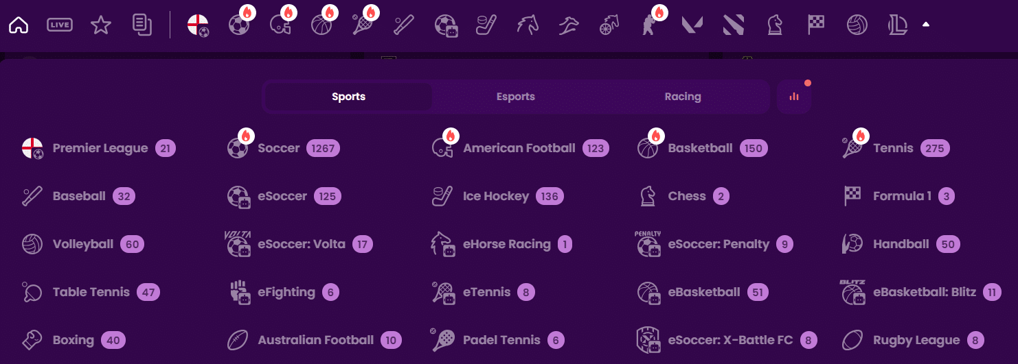 The sports selector at TrustDice for wagering on actual sporting events.
