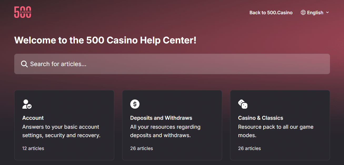 The 500 Casino Help Center, with some article categories listed.