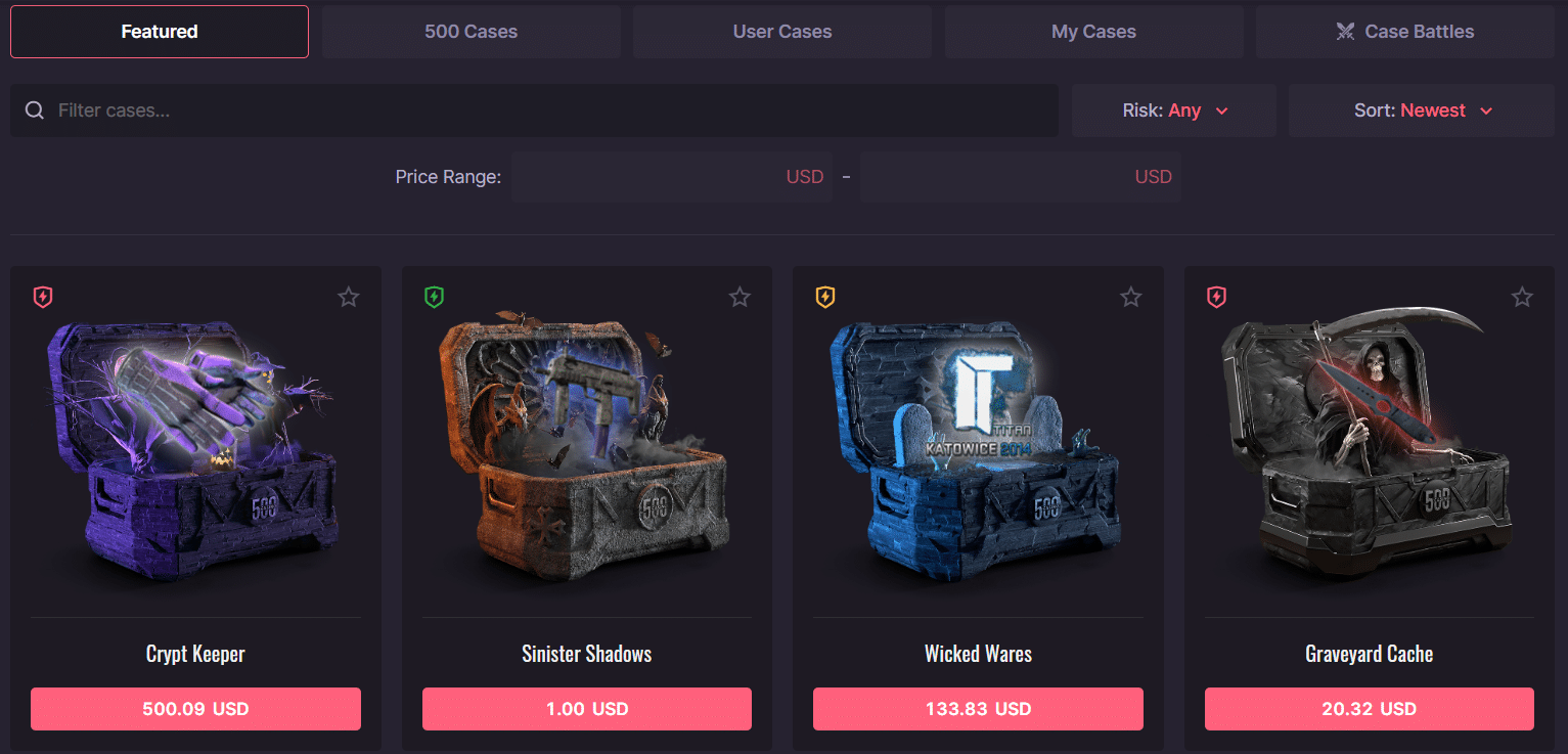 A look at the Cases page at the 500 Casino crypto sportsbook.