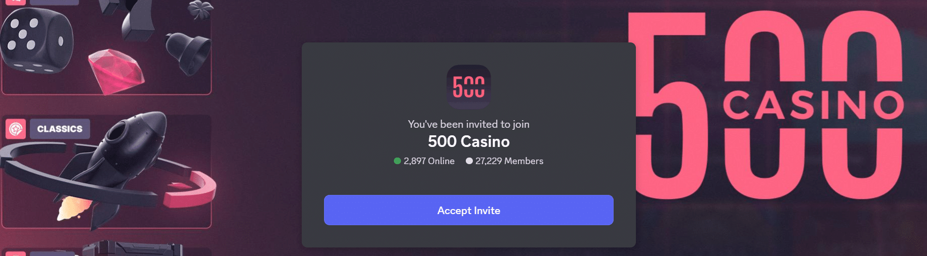 a view of the 500 Casino Discord server with the member count visible 