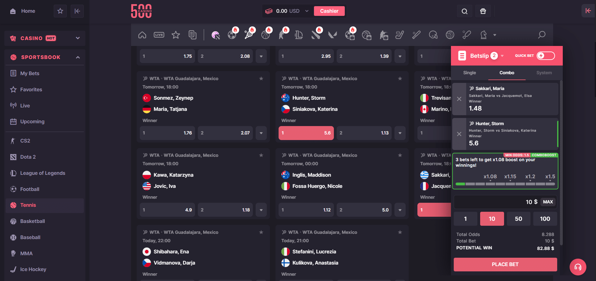 A look at the betting interface at 500 Casino, its BETBY sportsbook page.