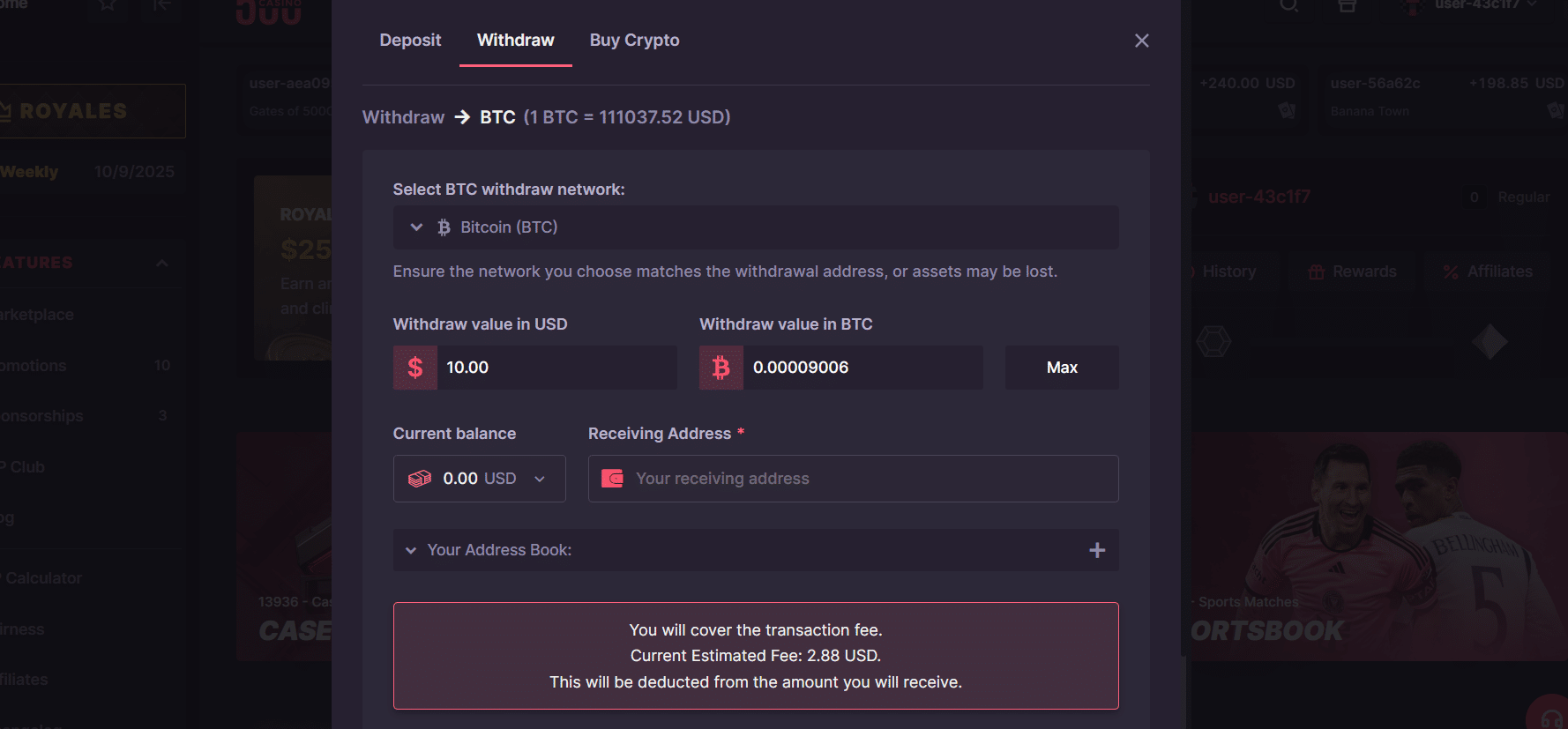 The withdrawal tab in the 500 Casino payment window.