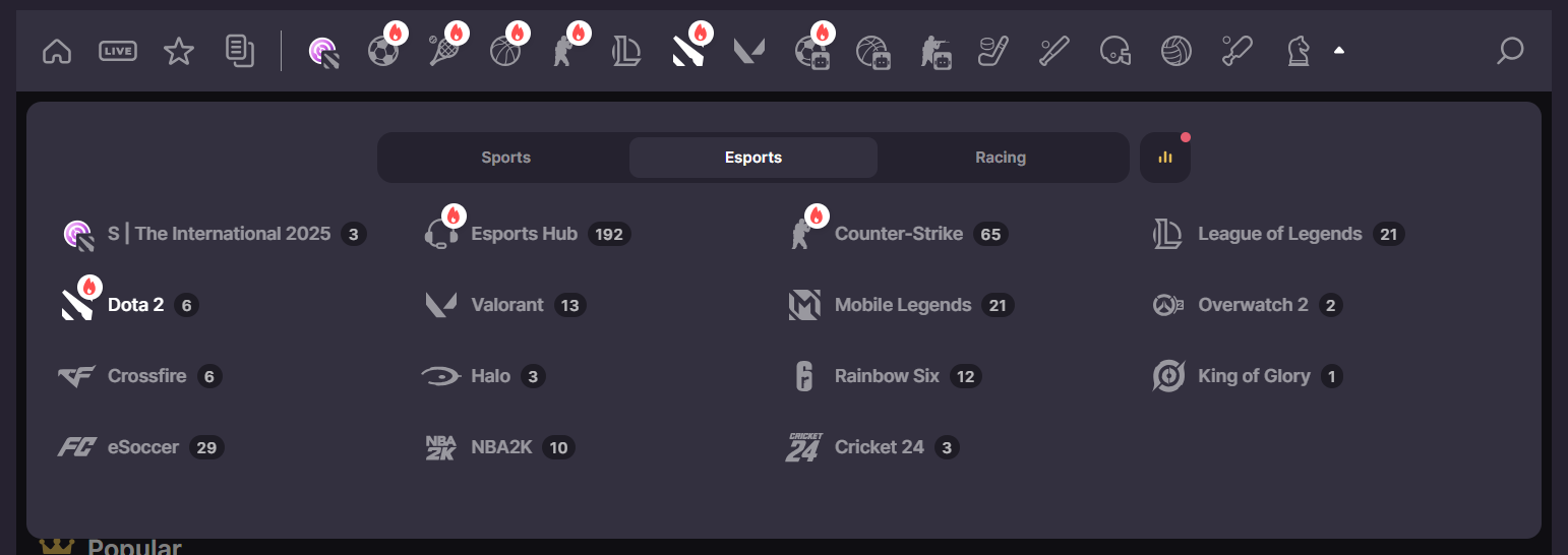 A selection of the eSports betting categories at 500 Casino.