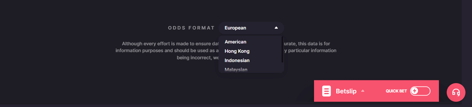 The odds format selector at 500 Casino with the bet slip button visible.