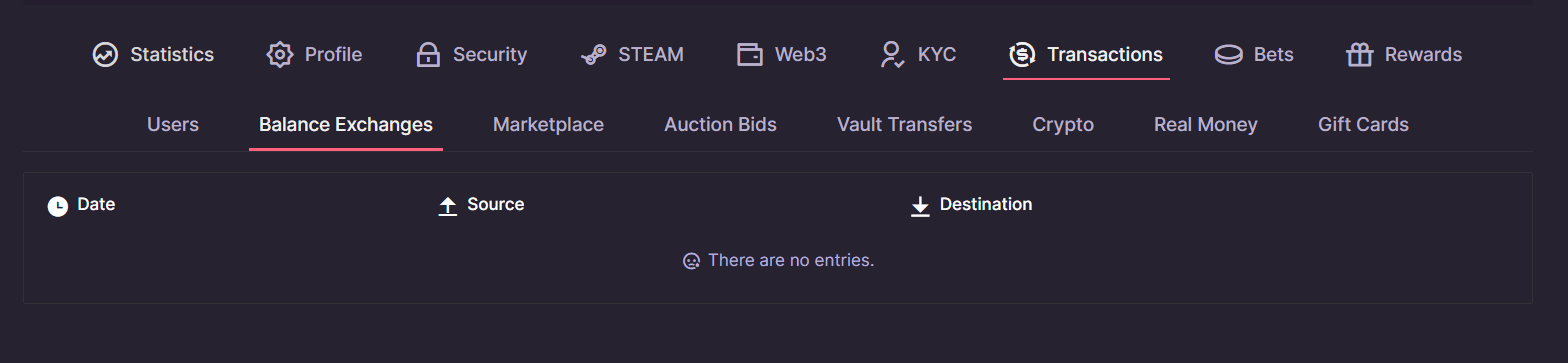 A look at the transaction tab of the 500 Casino profile settings.