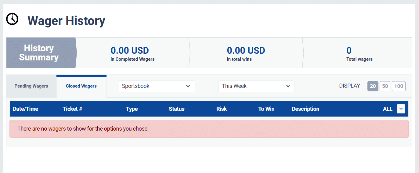 The transaction history page in the BetUS profile options.