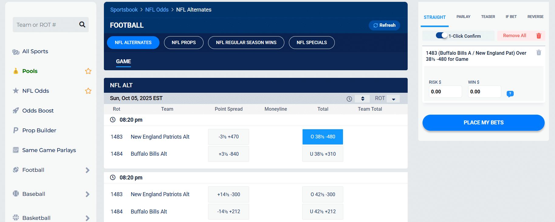 The betting software of BetUS opened at the NFL section. 