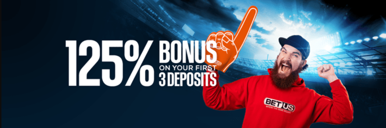 A promo banner for the BetUS sports welcome bonus.