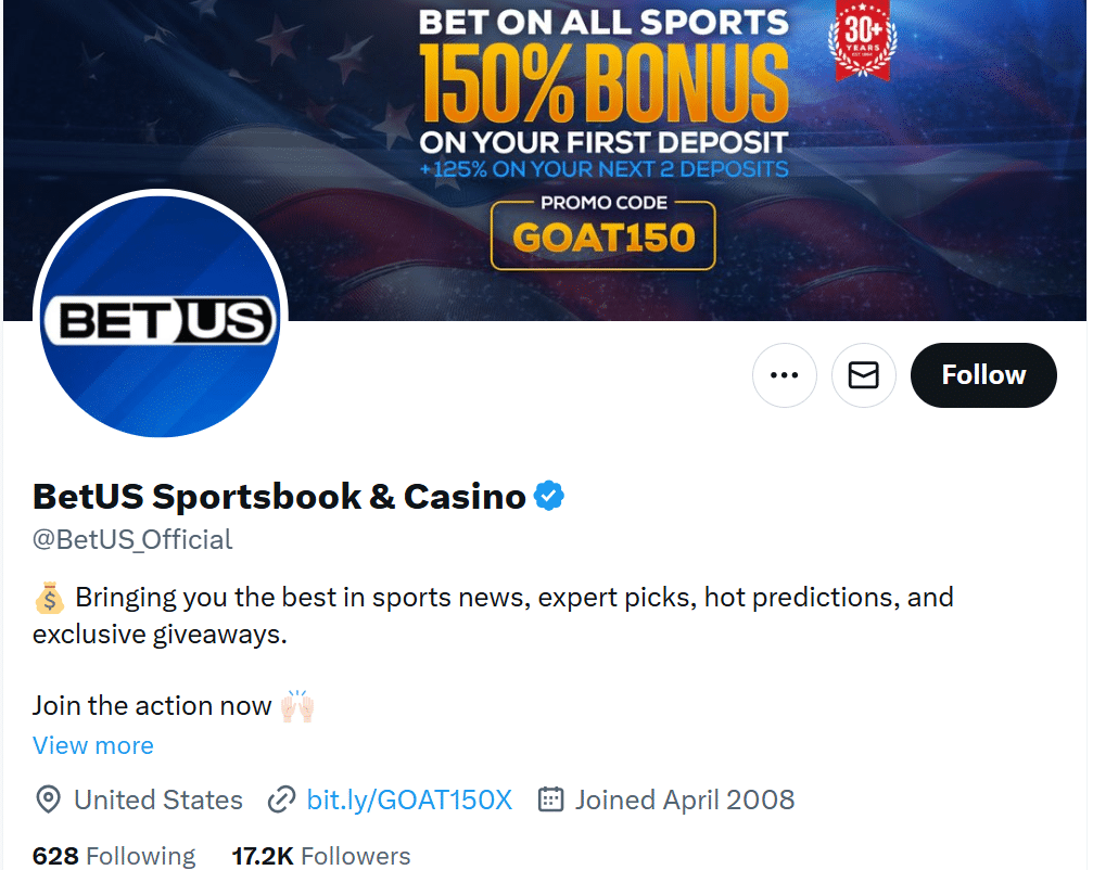 The official BetUS X page with its follower count visible. 