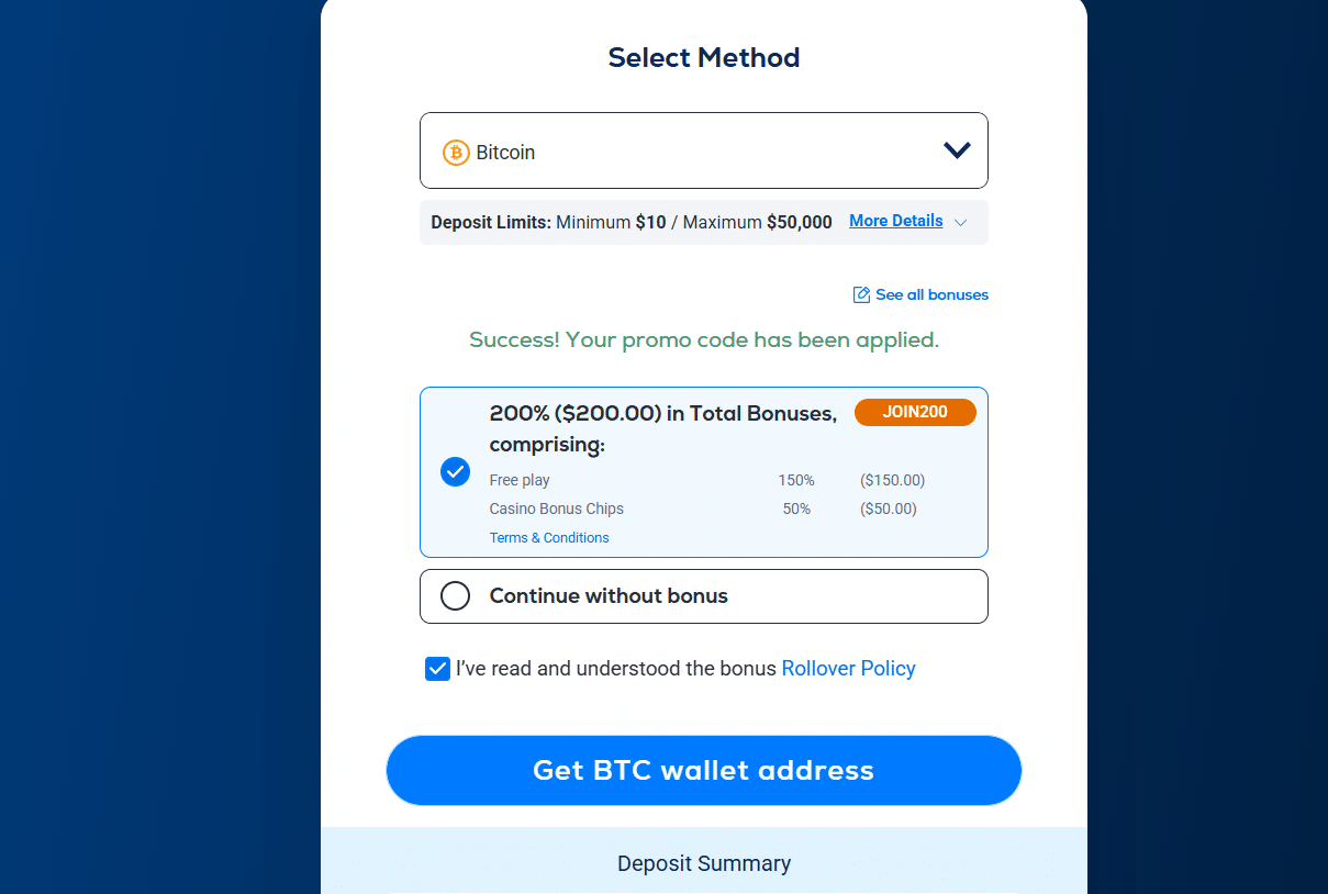 A look into the BetUS payment window, opened on its deposit form. 
