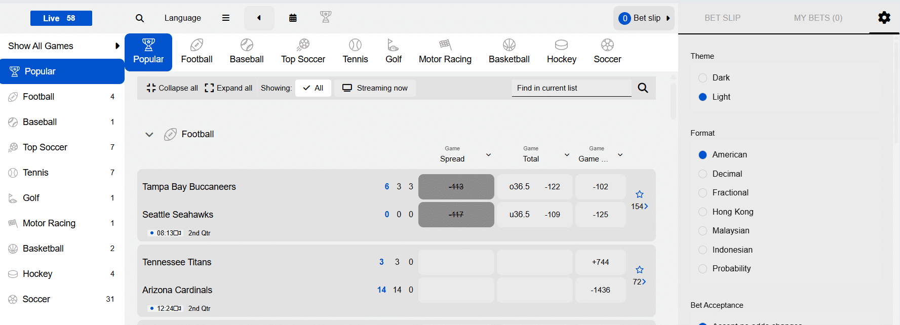 The new live betting page at BetUS.