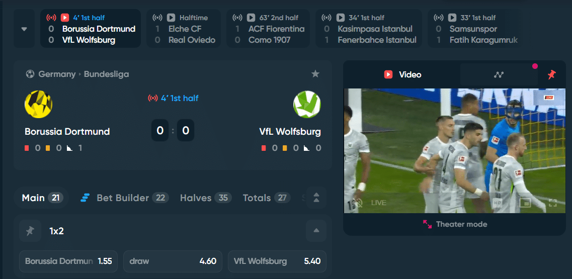 A sample of a Bundesliga football league stream featured at Betplay.io.