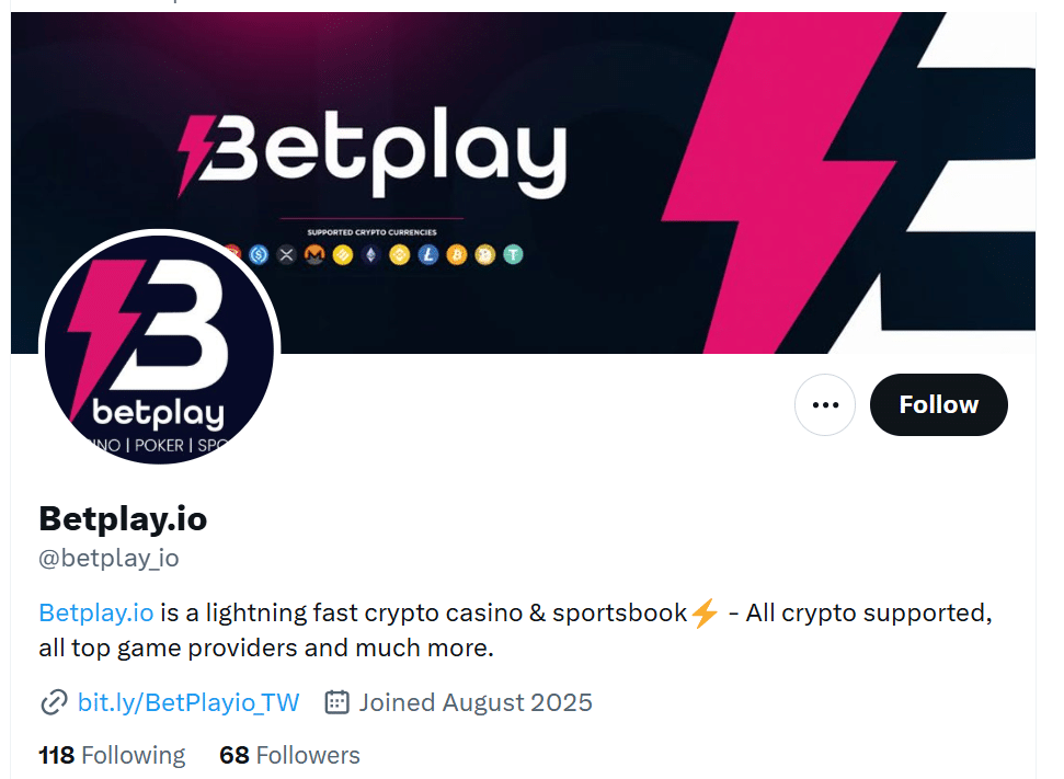 The Betplay.io official X page with its poor follower count visible.