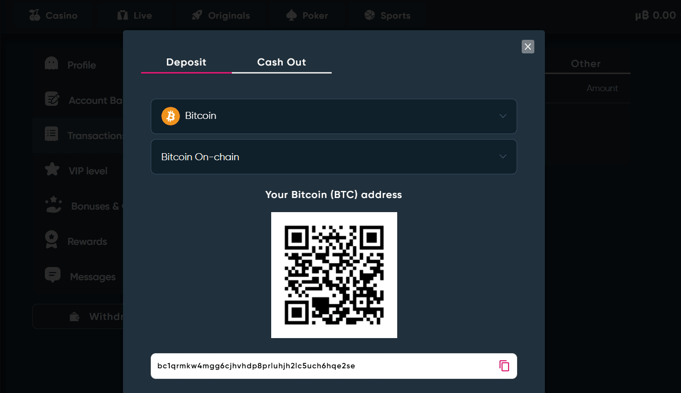 The Betplay.io deposit tab in the site's payment window.