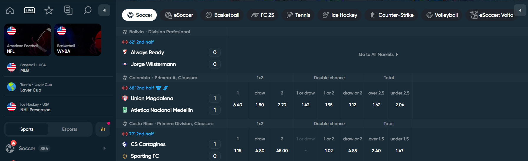 The Betplay.io live betting section of the site's sportsbook.