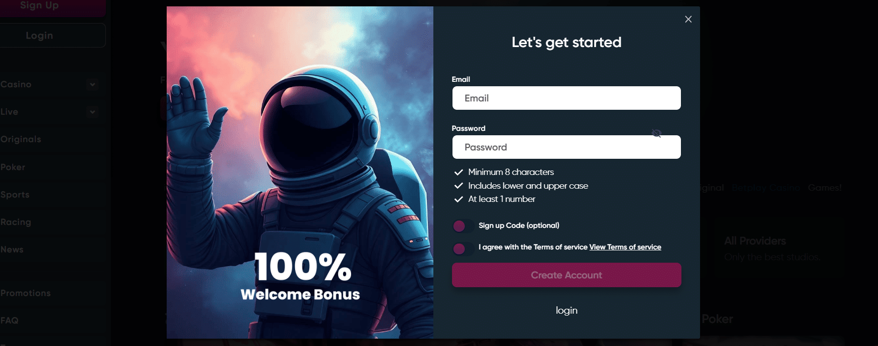 The Betplay.io sign-up form you must fill to create an account on this gambling site.