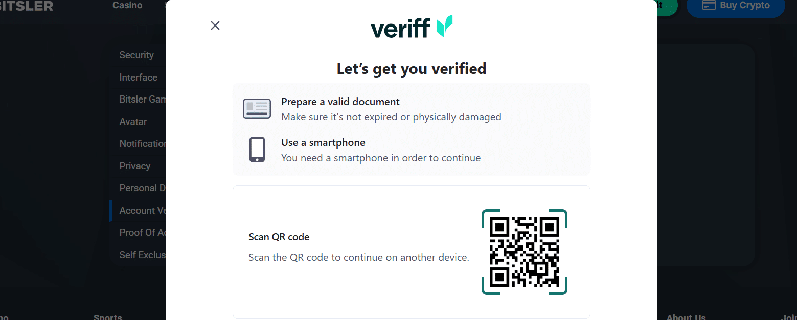 the Bitsler KYC verification window that works through the third-party service Veriff. 