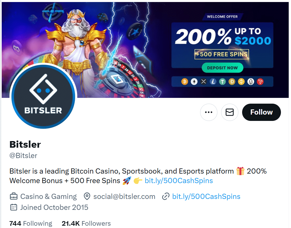 The Bitsler official X page where promos and giveaways get listed. 