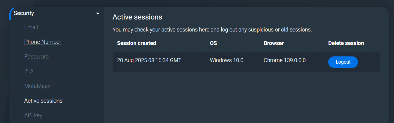 A look at the active sessions tab in the Bitsler settings page in its security section.
