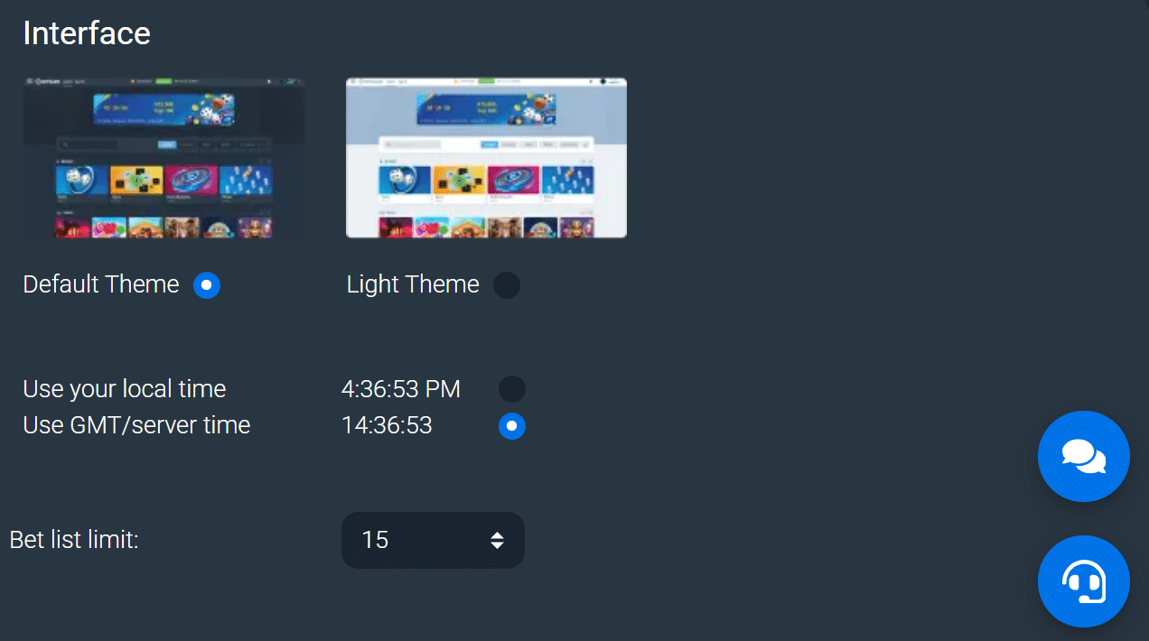 The interface theme choices at Bitsler.com which lets you select  between the dark and light modes. 