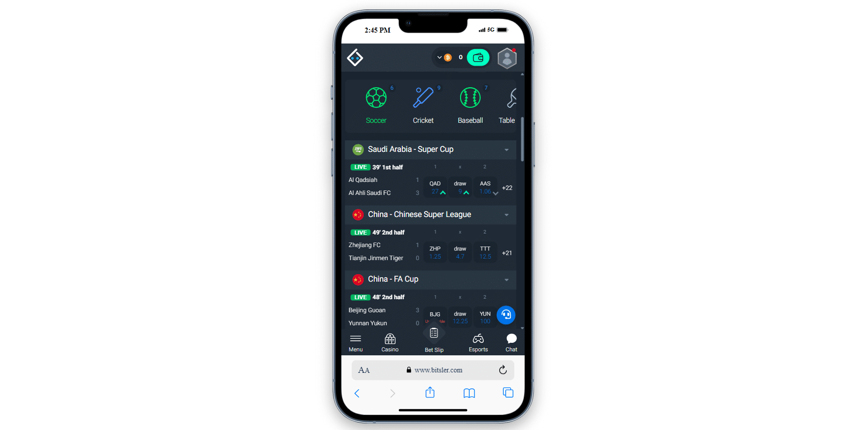 A look at the soccer betting page of Bitsler.com on a mobile phone screen, the Bitsler smartphone version. 