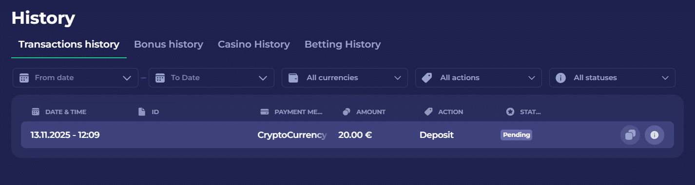 The history section in your Bruno Casino wallet page. 