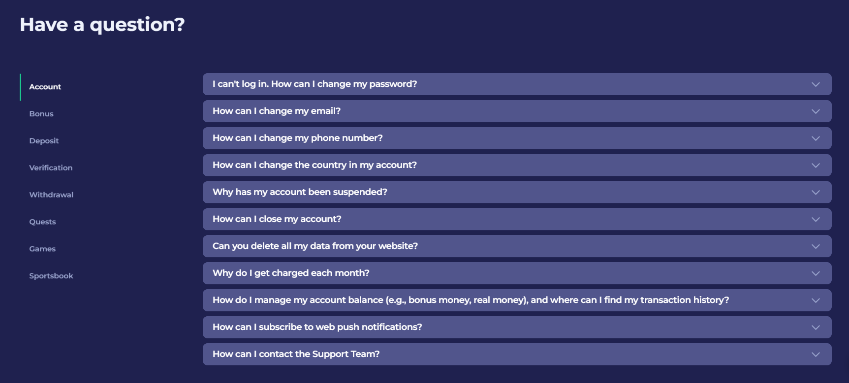 The Bruno Casino Help Center, the site's FAQ Page.