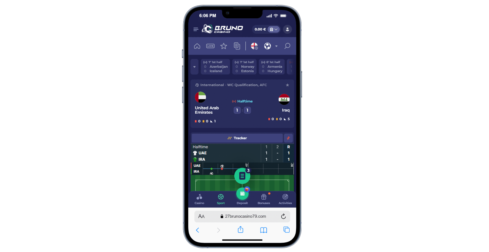 The Bruno Casino mobile version for betting fun.