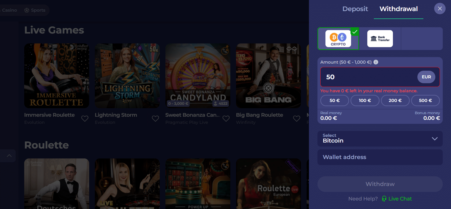 The withdrawal tab in the Bruno Casino payment page.