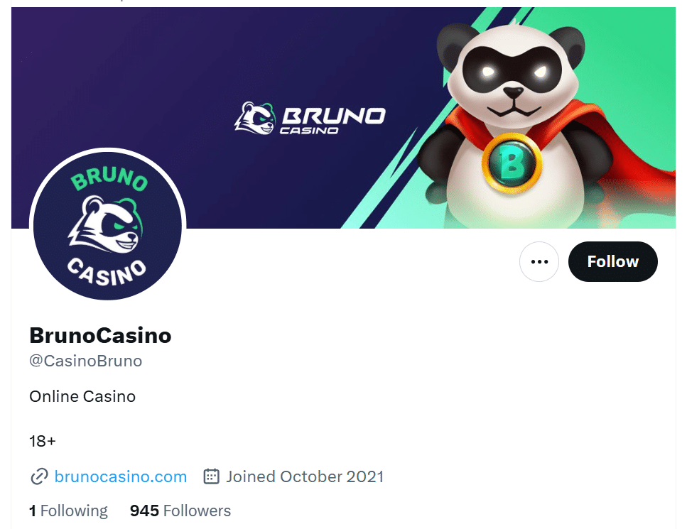The Bruno Casino X page with its follower count visible. 