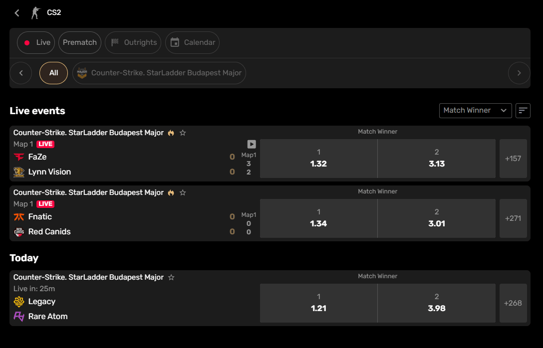 The eSports Counter Strike page at Fairspin.io. 