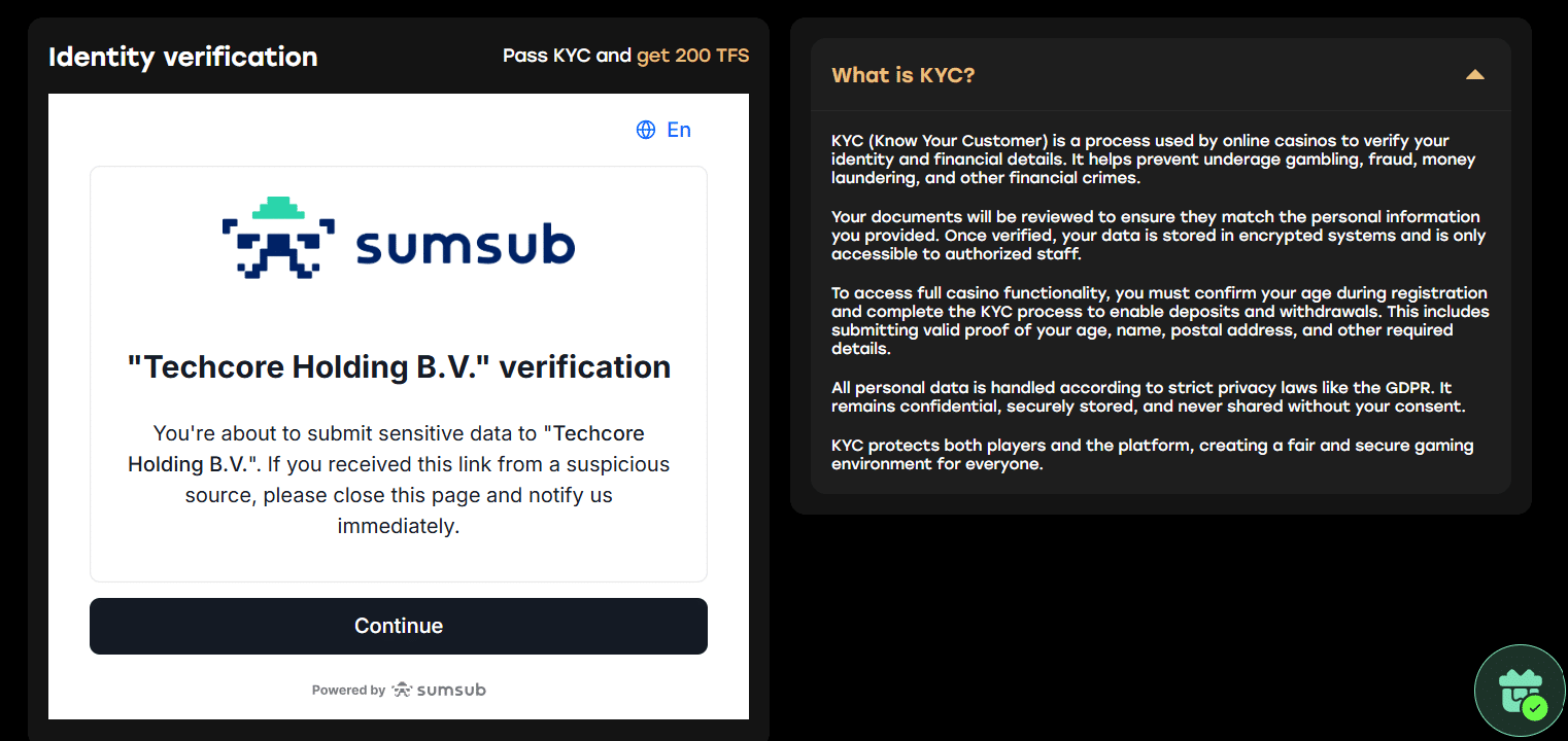 The Fairspin profile KYC page with the SumSub interface active.