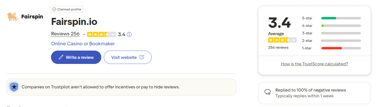 The Trustpilot page for Fairspin.io with this site's score visible on that platform. 