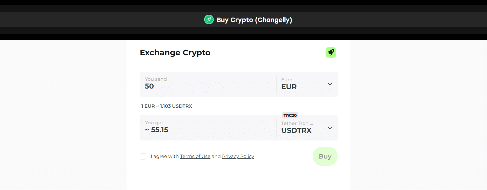 The buy crypto option at Fairspin.