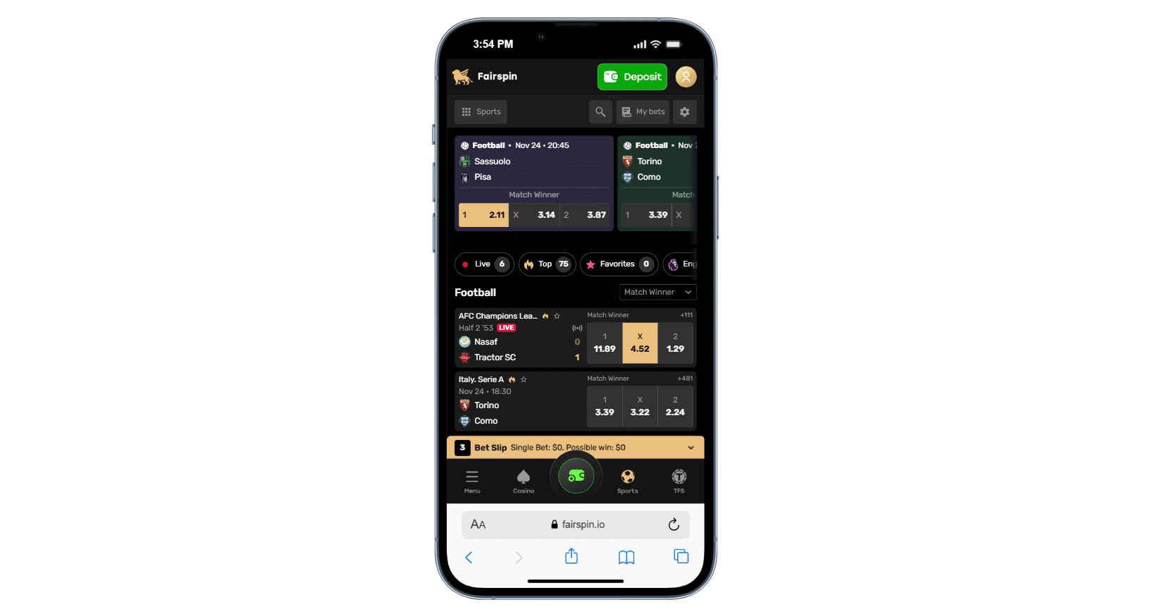 The Fairspin mobile version for betting on sports on this platform.