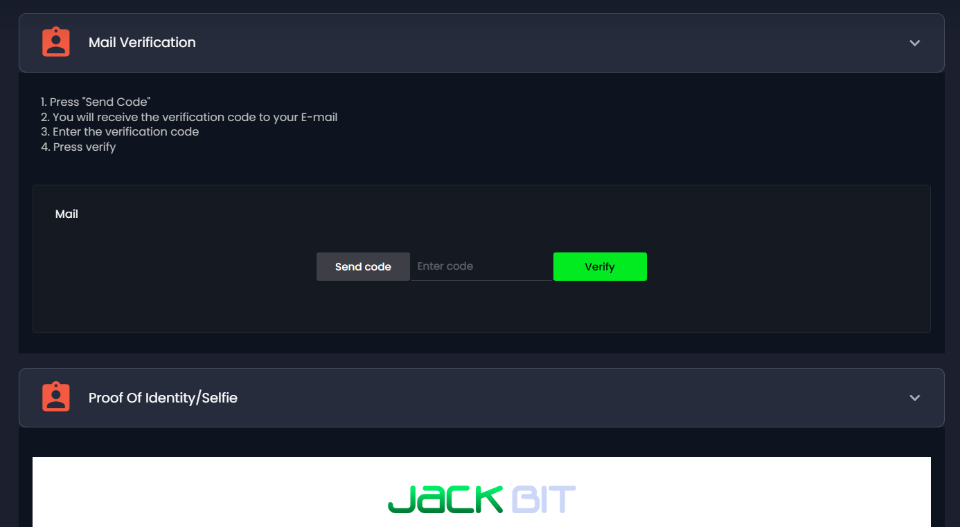 A look at the KYC options inside the Jackbit verification window inside your Jackbit profile page.