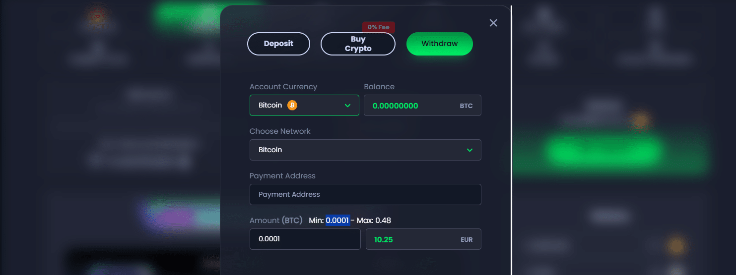 A look at the withdrawal tab in the Jackbit payment window. 