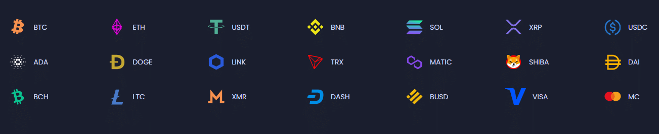 A list of the payment options available at Jackbit for crypto depositing and buying of cryptos. 