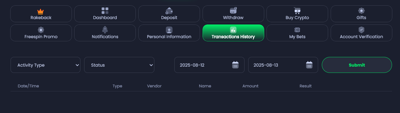 A look at the Jackbit profile window with the transaction history tab selected.