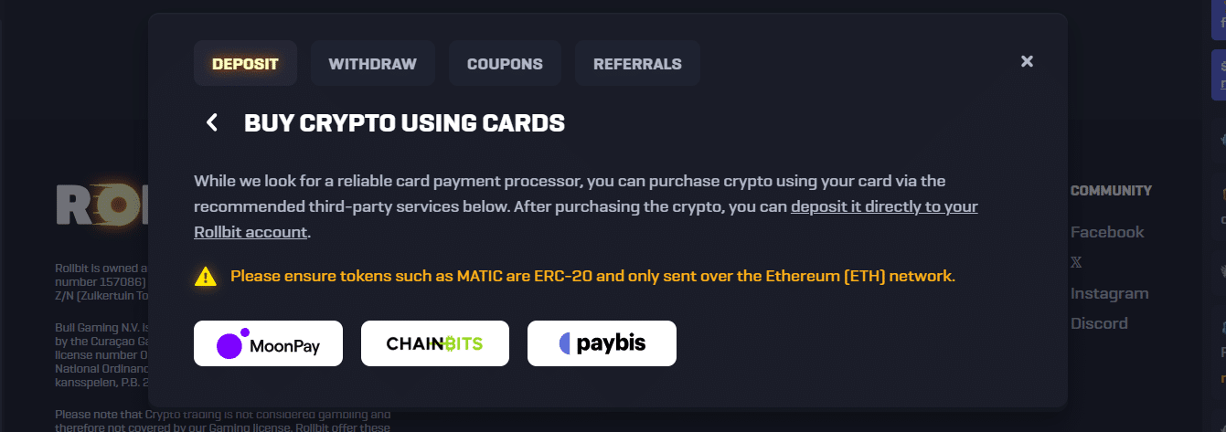 The buy crypto option featured on Rollbit.com that lets users buy digital coins without leaving this site.
