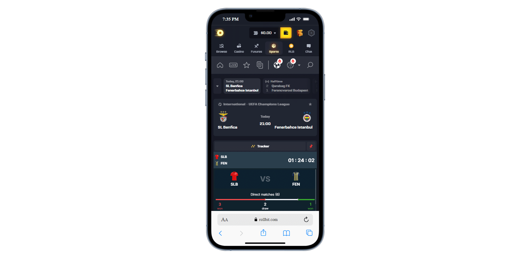A look at the mobile version of the Rollbit sportsbook page powered by BETBY.