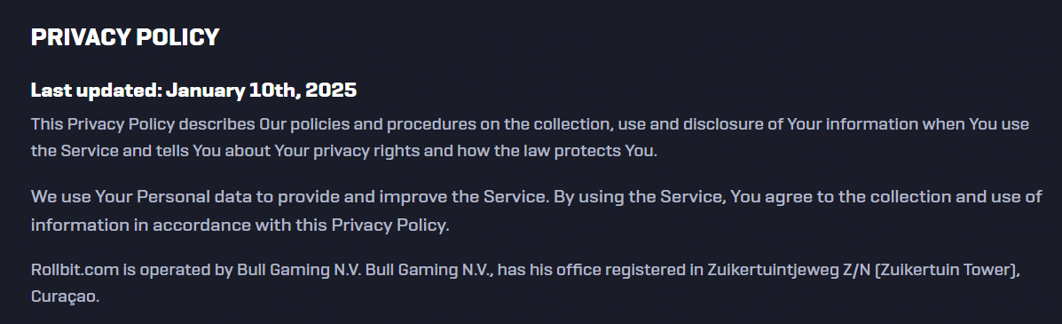 The opening of the Rollbit privacy page that outlines how this site handles user data.