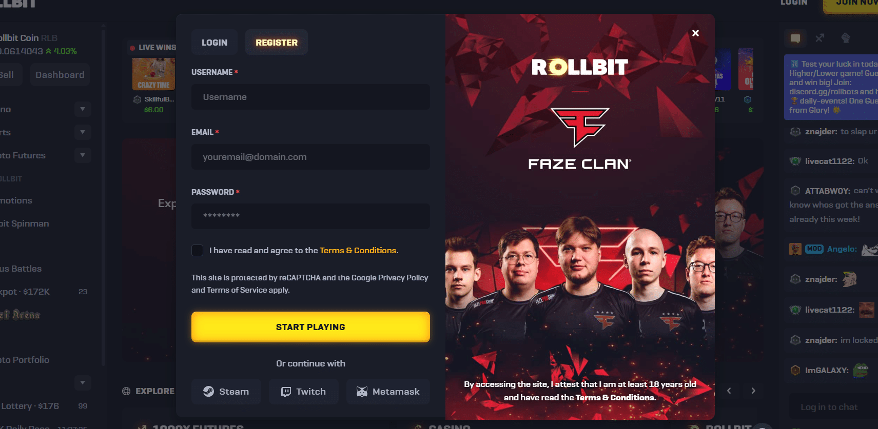 A look at the Rollbit registration form with all the input field and alternative sign-up options.
