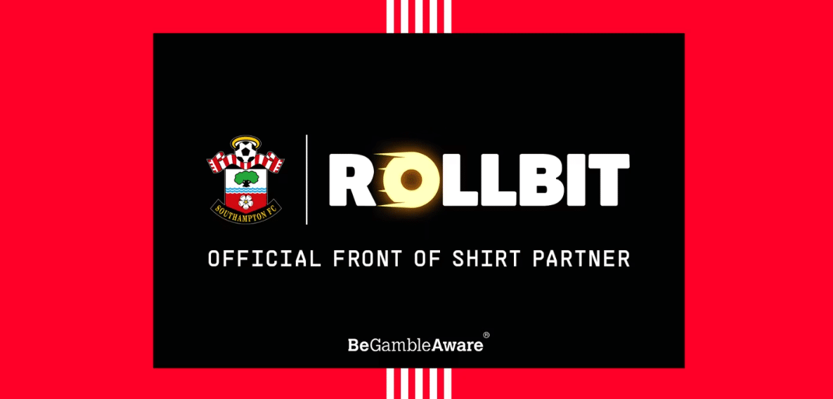A banner advertising Rollbit's sponsorship deal with Southampton FC, the EPL club.