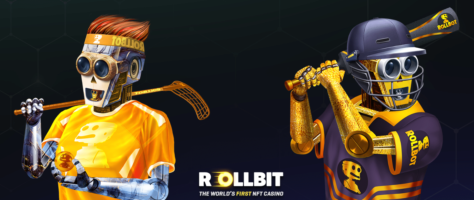 A promo banner for the Rollbit sportsbot, perk-rewarding NFTs.