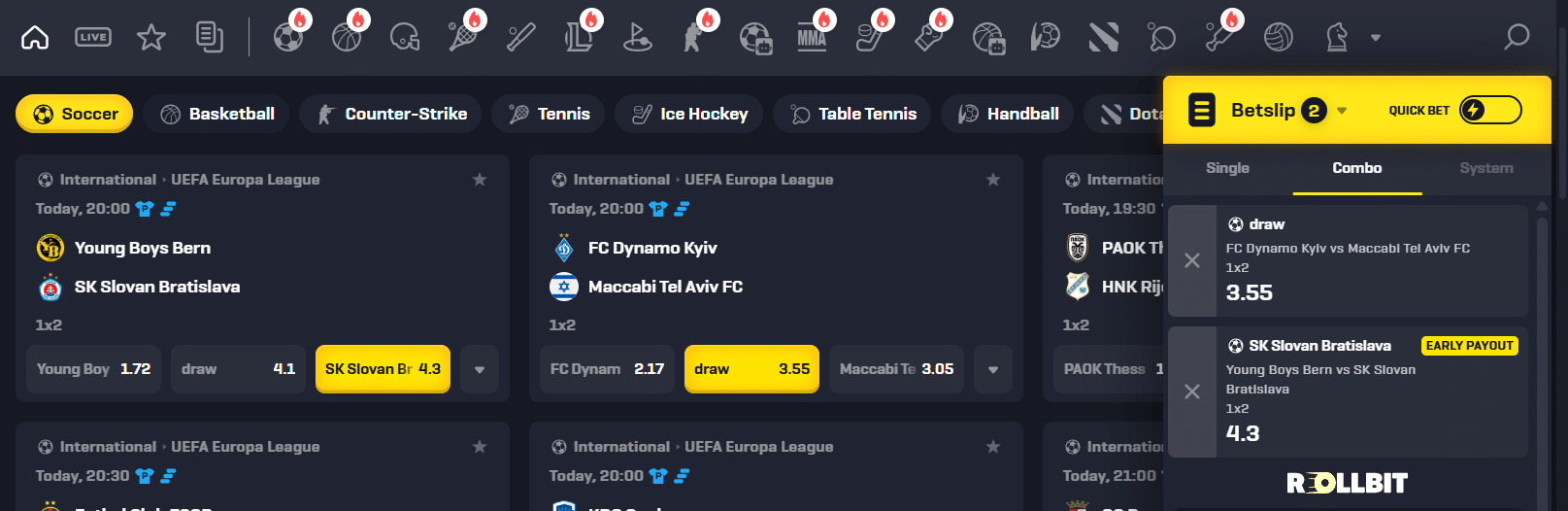 A look at the soccer betting options on the Rollbit sportsbook page.