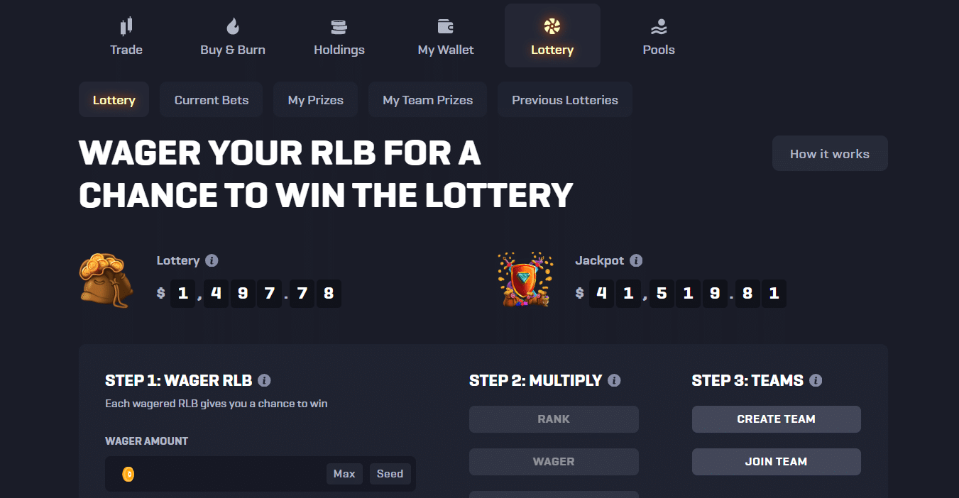 The lottery section of the Rollbit website that lets users win platform jackpots.